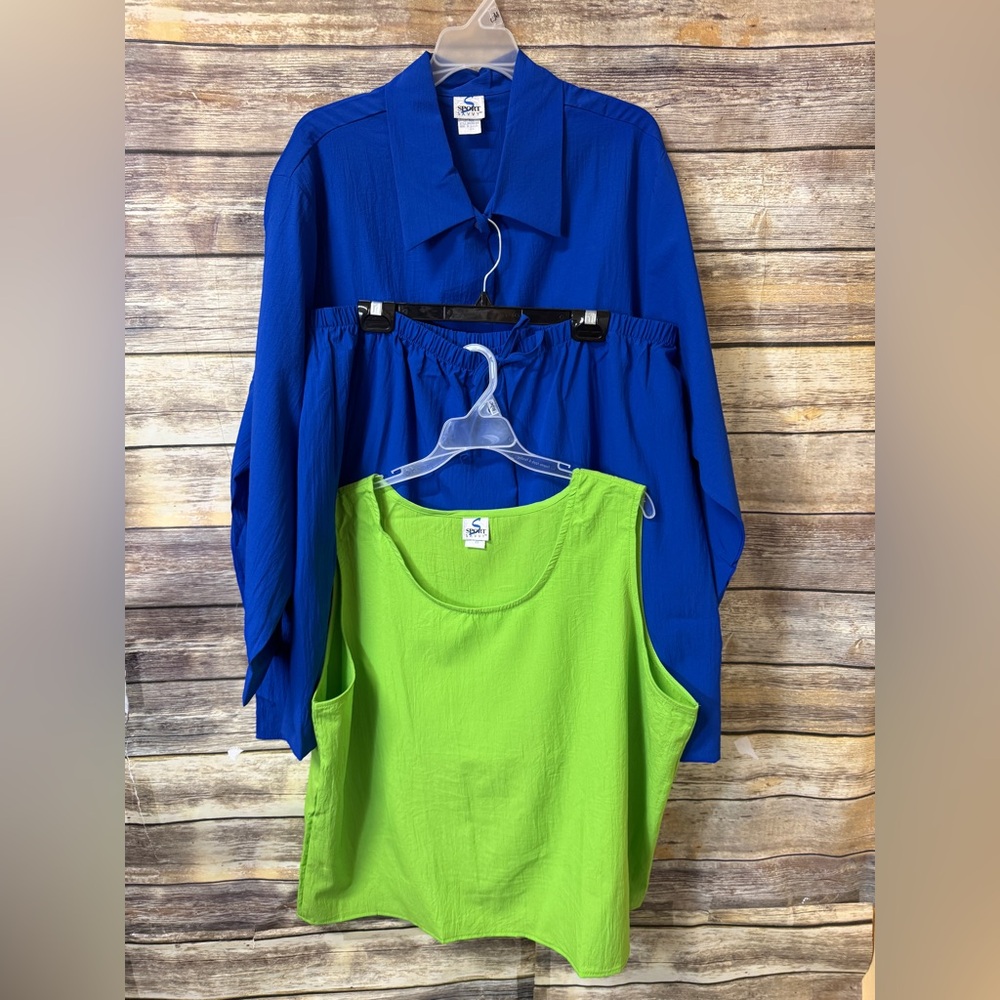 Sport Savvy 3 Piece Outfit 2X Big Shirt Shorts‎ Tank Top Blue Green Button Down